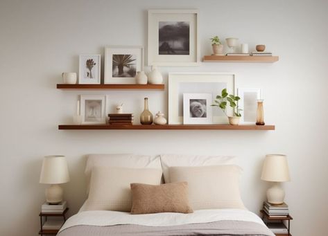 Shelving Above Bed, Wall Ideas For Bedroom, Shelf Over Bed, Above Bed Ideas, Picture Wall Ideas, Minimalist Shelf, Shelf Above Bed, Floating Shelves Bedroom, Shelf Decor Bedroom