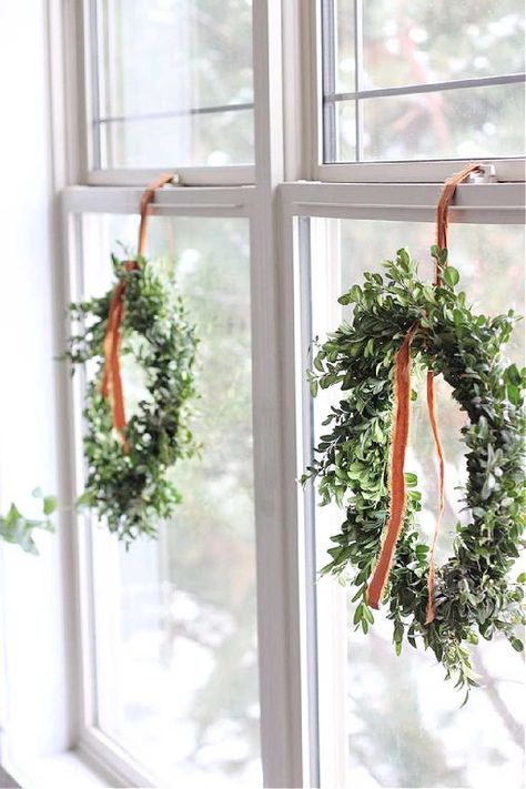 Very simple boxwood Christmas wreaths hung at a window for beautifully minimal Christmas decorations. #christmaswreath #christmaswreathideas #diychristmaswreaths Modern Minimalist Christmas, Christmas Wreaths For Windows, Boxwood Wreaths, Rustic Christmas Decorations, Diy Christmas Wreath, Minimalist Christmas Decor, Wreath Indoor, Holiday 2022, Christmas Window Decorations