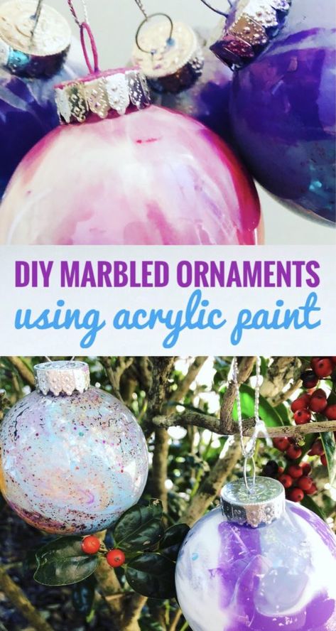 DIY Marbled Ornaments with Acrylic Paint - Create beautiful ornaments with plastic globes and acrylic paint. This is a great craft to do with kids this Christmas. So fun to mix the colors. #handmadeornaments #ornamentcrafts #christmasornaments #marbled #acrylicpainting #acrylicpaintingforbeginners #acrylicpouring #ornaments Diy Marble Christmas Ornaments, Paint In Clear Ornaments Glass Ball, Marbling Ornaments Diy Christmas, Paint In Ornaments Diy, Poured Paint Christmas Ornaments, Plastic Ornaments Diy Kids, Marbled Ornaments Diy, Acrylic Pour Ornaments Diy, Plastic Globe Ornament Ideas