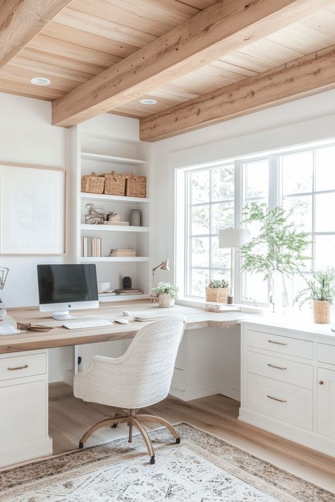 Light Colored Office, Nautical Home Office, L Shaped Office Desk Ideas Layout Corner, Mom Office Ideas, Side By Side Desks, Aesthetic Home Office Ideas, Light Blue Office Ideas, Office Wood Ceiling, Home Workstation Ideas