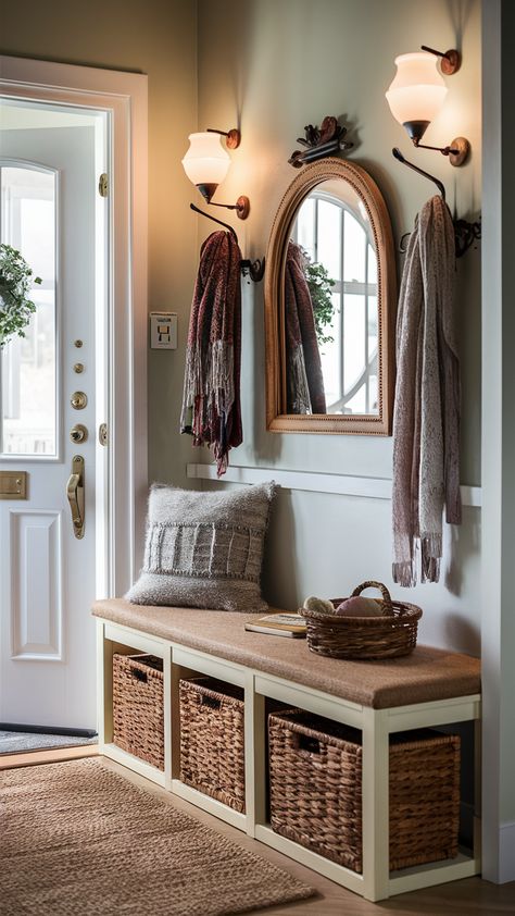 Elevate your entryway with this chic IKEA-style hallway bench! Strategically placed by the door, it combines functionality and style, offering a perfect spot to sit and remove shoes. Underneath, woven baskets provide organized storage for bags and shoes, while a decorative mirror above adds a touch of elegance. A coat rack adorned with colorful scarves brings personality and warmth. Soft ambient lighting welcomes guests into your home, creating an inviting atmosphere. Discover how to transform your entryway into a stylish and organized space! Click to explore more ideas! #EntrywayDecor #IKEAStyle #HomeOrganization #InteriorDesign #HallwayBench #CozyHome #StorageSolutions Entryway Ideas For Guest Shoes, Entryway Coat Storage Ideas, Traditional Style Entryway, Hallway Bench And Coat Rack, Entryway Shoe Rack Ideas, Entry Way With Mirror And Bench, Shoe Bench Entryway Decor, Mirror Above Bench Entryway, Gossip Bench Entryway