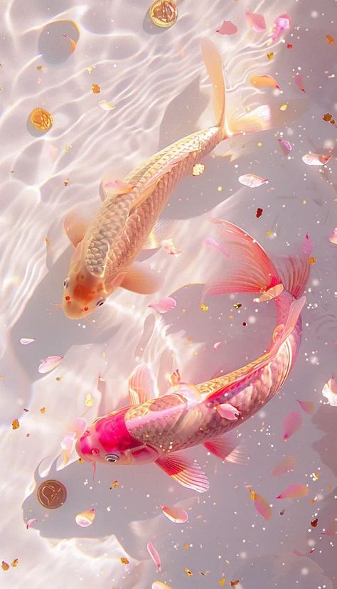 Two koi fish swimming in a tranquil, floral-filled pond. Two Koi Fish, Koi Wallpaper, White Flower Petals, Koi Fish Swimming, White Pool, Fish Background, Pink And White Background, Jelly Wallpaper, Cute Summer Wallpapers