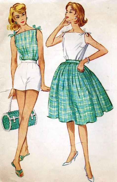 Outfit on the right. Mccalls Patterns Vintage, Patron Vintage, Robes Vintage, Vintage Dress Patterns, 1950s Style, Retro Mode, Vestidos Vintage, Summer Blouses, 1960s Fashion