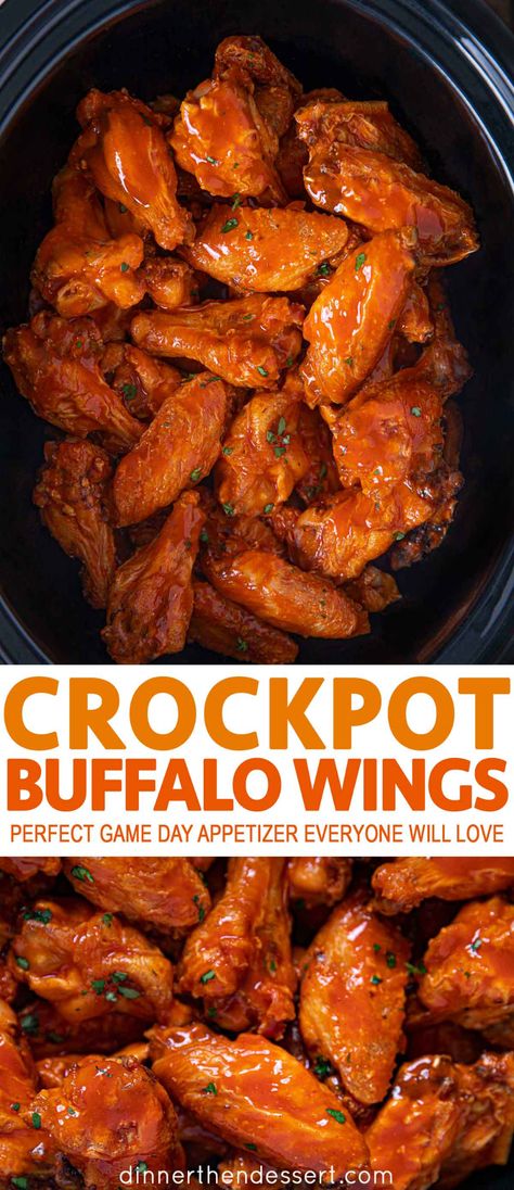 Slow Cooker Buffalo Wings are the perfect appetizer for game days,?potlucks or the holidays, your guests will love how easy this recipe is with just 4 ingredients. #Buffalochickenwings #chickenwings #slowcookerchicken #crockpotchicken #crockpotbuffalochicken #buffalodip #dinnerthendessert Dessert Crockpot, Buffalo Wings Recipe, Slow Cooker Chicken Wings, Wings Recipe Buffalo, Dinner Then Dessert, Easy Crockpot Dinners, Recipes Beef, Crockpot Soup Recipes, Crockpot Recipes Beef