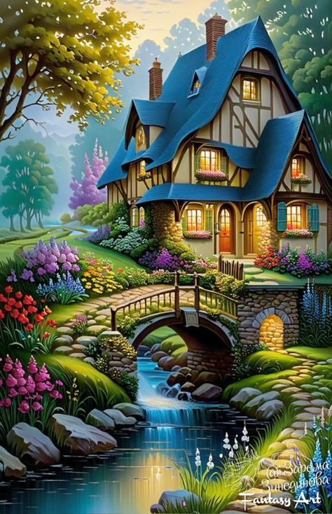 House Trees, Playground Landscaping, Mountain Sky, Cottage Painting, Magical Home, Beautiful Flowers Photos, Beautiful Art Pictures, Cute Flower Wallpapers, Flower Artwork