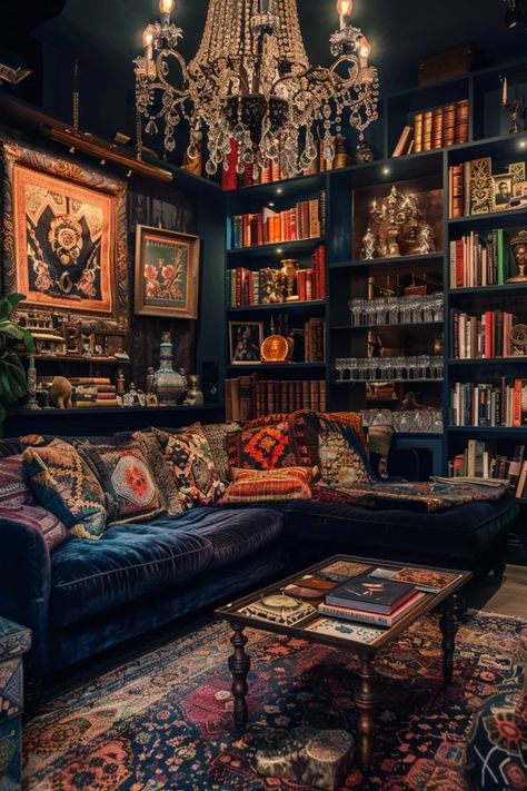 29 Exciting Dark Boho Living Room Ideas You Must See 21 Living Room Designs Boho, Dark Maximalist, Dark Maximalism, Bohemian Lounge, Dark Boho Living Room, Maximalist Living Room, Gothic Bohemian, Boho Living Room Ideas, Dark Boho