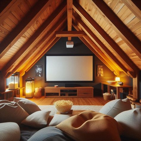 Attic Room Attic Lounge Ideas Living Rooms, Attic Seating Ideas, Attic Snug Room Ideas, Attic Projector Room, Attic Space Renovation, Attic With Slanted Ceiling, Attic Entertainment Room Ideas, Attic Snug Ideas, Loft Hang Out Room Ideas