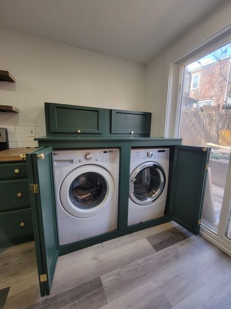 Washer And Dryer Countertop Cabinets, Boxed In Washer And Dryer, How To Hide Washer And Dryer In Bathroom, Closed In Washer And Dryer, Washer And Dryer Cupboard, Diy Hidden Washer And Dryer, Washer Dryer In Cabinet, Washer Dryer Hidden In Cabinet, Hidden Washer Dryer In Kitchen