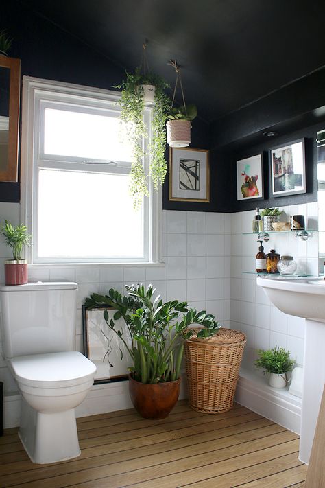 Black Bathroom Inspiration + Updates on Ours - Oasis Bathroom, Black Bathrooms, Makeover Kamar Mandi, Spa Oasis, Budget Bathroom Remodel, Bohemian Bathroom, Dark Bathrooms, White Bathroom Designs, Black Rooms