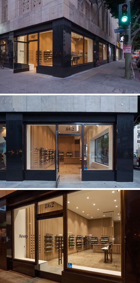 Modern store interior design ideas - Brooks + Scarpa designed this Aesop retail store in downtown LA that features 6 inch cardboard tube walls, furniture and fixtures. Modern Shop Front Design, Shop Front Design Modern, Meat Store Design, Abaya Shop, Aesop Store, Meat Store, Custom Light Fixtures, Modern Store, Showroom Design