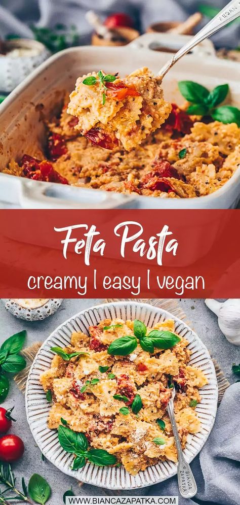 Baked Vegan Feta Pasta is a popular trend recipe that is quick and easy to make in the oven and delicious - simple pasta dish with tomatoes! #pasta #feta #casserole #tomato #easyrecipes #veganrecipes #vegetarian #recipes #food #vegan #healthyrecipes | biancazapatka.com Vegetarian Feta Recipes, Vegan Feta Recipe, Vegan Feta Pasta, Feta Casserole, Mushroom Pasta Bake, Pasta Bake Vegetarian, Tomato Pasta Bake, Pasta Toppings, Vegan Bbq Recipes