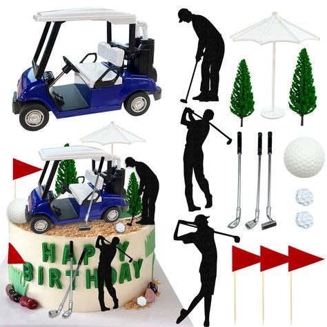 PRICES MAY VARY. SIZE: The golf cart is approx. 4.53*3.15inch,the glitter golfer cake topper is approx. 2.09*3.94inch,the golf ball is approx.177inch,The flag is approx.1.38*4.13inch.Please see the picture for details. PACKAGE: The package contains 16pcs golf cake decoration supplies,including 1pcs golf cart,1pcs big golf ball,2pcs tree cake toppers,3pcs glitter golfer cake toppers,2pcs small golf balls,3pcs golf clubs,1pcs sun umbrella and 3pcs red flags. MATERIAL: The golf cart and golf clubs Golf Cart Cake, Jojo Cake, Golfer Cake, Blue Cake Topper, Golf Cake Toppers, Golf Themed Cakes, Golf Birthday Cakes, Golf Theme Party, Golf Party Decorations