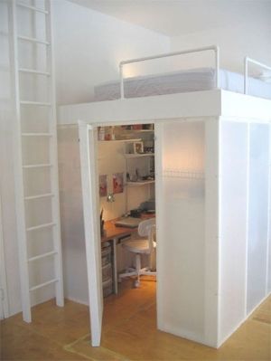 cool hidden room without the bed. Perfect for private office within an office. A Loft Bed, Children Bed, Loft Bedroom, Dorm Room Designs, Apartment Office, Bed Plans, Bed Desk, College Dorm Rooms, Awesome Bedrooms