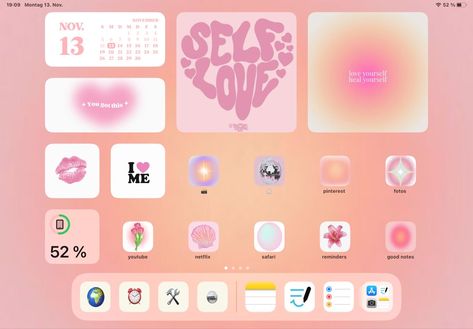 Pink Ipad Theme Ideas, Pink Ipad Setup Homescreen, Pink Ipad Layout Homescreen, Ipad Widget Theme, Widgets Aesthetic Ipad Ideas, Ipad Home Screen Layout Pink, I Pad Widget Ideas Aesthetic, Coquette Ipad Homescreen Ideas, Ipad Homescreen Ideas Pink Widget