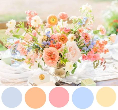 Pink Orange And Blue Wedding Colors, Pastel Sunset Color Palette Wedding, Colorful Spring Wedding Decor, Multicolor Pastel Wedding, Blue Orange Pink Color Palette Wedding, Soft Summer Color Palette Wedding, Blue Peach Yellow Wedding, Peach And Blue Flower Arrangements, Pink And Blue Wedding Palette