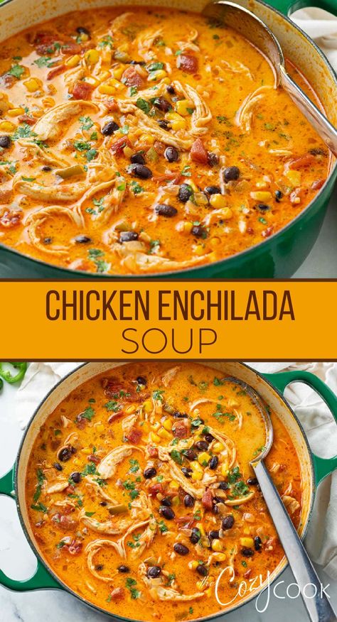 This EASY Chicken Enchilada Soup recipe can be made on the stove top or in the Crock Pot! Use chicken breast, chicken thighs, or leftover chicken along with simple pantry ingredients. Easy Chicken Enchilada Soup, Chicken Enchilada Soup Recipes, Enchilada Soup Recipe, Simple Pantry, Pantry Ingredients, Homemade Soup Recipe, Chicken Enchilada Soup, Enchilada Soup, Chicken Enchilada