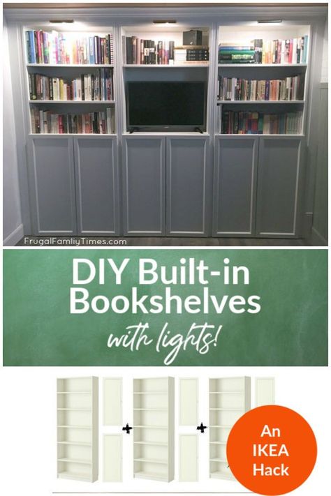 This step-by-step tutorial makes making wall-to-wall bookshelves easy. This IKEA Billy Bookcase Built turned out beautifully. We used the Oxberg doors for hidden storage underneath. Also brass library lights. Another great IKEA hack! We might be addicts now. #ikeahack #bookcase #built-ins #DIY #basement Ikea Built In Bookcase, Wall To Wall Bookshelves, Library Lights, Billy Oxberg, Ikea Built In, Basement Guest Rooms, Diy Basement, Ikea Billy Bookcase, Ikea Billy