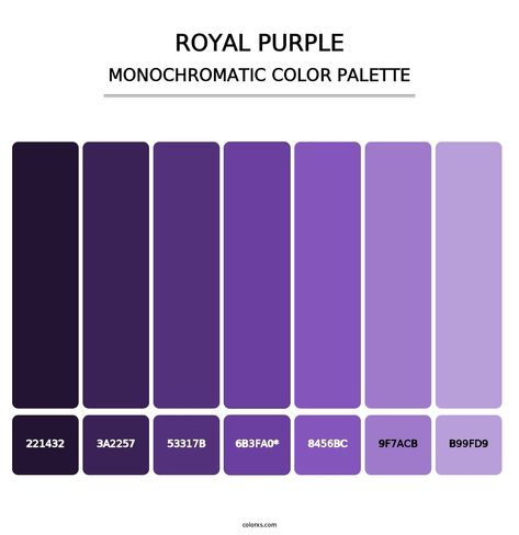 Royal purple - Monochromatic Color Palette Rare Color Palette, Royal Purple Color Palette, Royal Color Palette, Royal Colors Palette, Purple Monochromatic, Purple Hex, Purple Color Code, Analogous Color Scheme, Rgb Color Codes