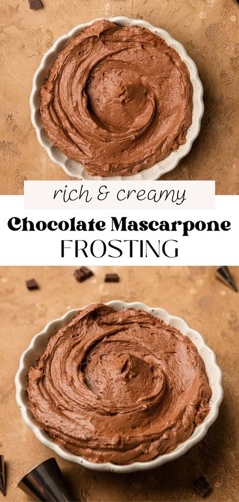 This creamy and fluffy chocolate mascarpone frosting has a rich chocolate flavor and holds its shape for decorating cakes and cupcakes! The mascarpone makes the texture silky smooth and adds a subtle tang that is oh so delicious. Chocolate Cake With Mascarpone Filling, Chocolate Mascarpone Frosting, Marscapone Frosting, Fruit Filling Recipe, Frosting Without Butter, Chocolate Banana Cupcakes, Chocolate Mascarpone, Mascarpone Frosting, Chocolate Ganache Frosting