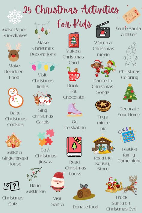 Christmas Ideas For Kids Activities, December Things To Do With Kids, Babysitting Activities Christmas, Fun Things To Do On Christmas Eve With Family, Unique Christmas Traditions Ideas, 25 Christmas Activities For Kids, Fun Kids Christmas Activities, Activities For Kids At Home Christmas, Christmas Babysitting Ideas