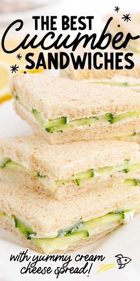 Perfect in their simplicity, these lovely cucumber sandwiches consists of crisp cucumber and creamy dill-flavored cream cheese sandwiched between fresh pieces of wheat bread. Best Cucumber Sandwiches, Sandwich Grinder, Tiktok Sandwich, Grinder Sandwiches, Party Sandwiches Recipes, Tea Party Sandwiches Recipes, Cucumber Sandwiches Recipes, Cucumber Tea Sandwiches, Cream Cheese Sandwiches