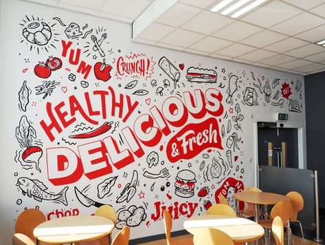 Recently we were approached by Lincoln College to produce a series of wall murals helping to transform their on-site student cafe into a vibrant, creative space. Cafeteria Design, Mural Cafe, Doodle Wall, Office Mural, Office Wall Design, Cafe Wall Art, Food Wall Art, Cafe Wall, Wall Drawing