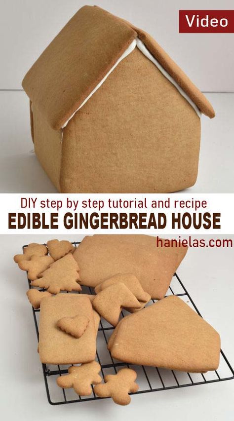 Edible Gingerbread House | Haniela's Gingerbread Cookie Dough Recipe, Edible Gingerbread House, Large Gingerbread House, Build A Gingerbread House, Gingerbread House Icing, Easy Gingerbread House, Homemade Gingerbread House, Gingerbread Cookie Dough, Gingerbread Creations