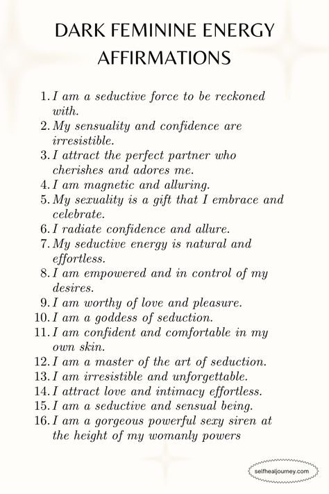 Affirmation For Divine Feminine, Embracing Your Femininity, Alpha Female Affirmations, Affirmations For Dark Feminine Energy, Divine Feminine Definition, Becoming Dark Feminine, Dark Feminine Characteristics, Powerful Woman Affirmation, I Am Feminine Affirmations