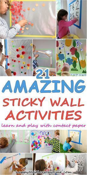 21 AMAZING STICKY WALL ACTIVITIES – HAPPY TODDLER PLAYTIME Sticky Wall Activities, Wall Activities, Paper Activities, Sticky Wall, Learn And Play, Daycare Activities, Toddler Snacks, Valentines Day Activities, Toddler Play