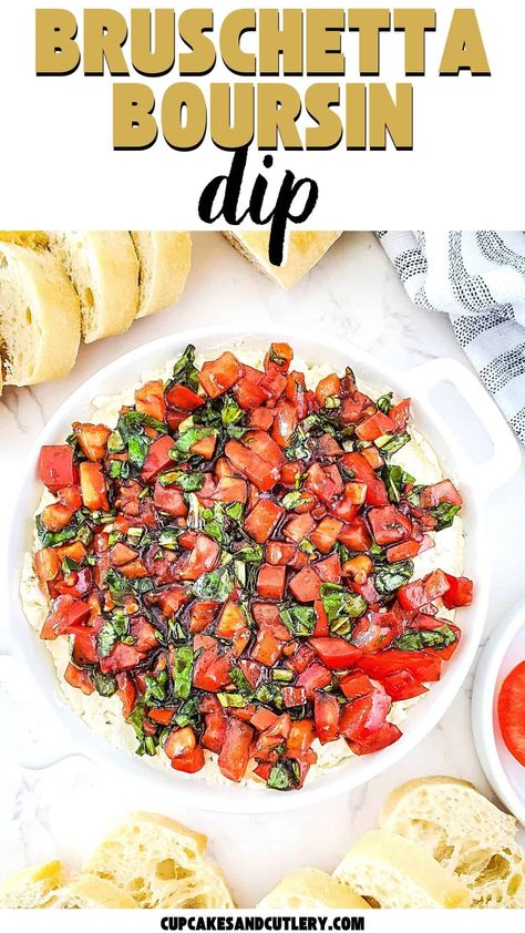 Need an easy appetizer recipe? Make this Boursin Bruschetta Dip. A store-bought cheese base topped with tangy Bruschetta tomatoes is quick and easy to serve for any party. Capers Appetizer, Easy Dip To Make, Borson Cheese Appetizer, Boursin Board, Dips To Make For A Party, Easy Potluck Dip Recipes, Wine Party Food Ideas, Dip Recipes Thanksgiving, Tomato Basil Dip