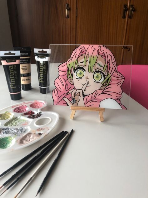 Aesthetic Glass Painting, Demon Slayer Diy, Painting On Glass Frame, Demon Slayer Acrylic Painting, Demon Slayer Painting, Painting On Glass Anime, Mitsuri Glass Painting, Glass Painting Demon Slayer, Glass Paintings Anime