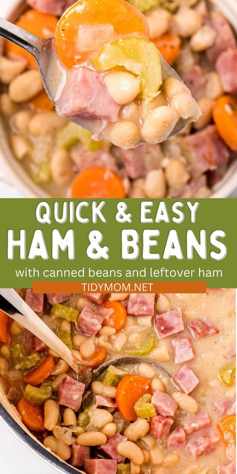 This easy Ham And Bean Soup Recipe mingles nutty cannellini canned beans with tender chunks of smoky ham for an old-fashioned hearty soup favorite. It’s quick, comforting, and a great way to use leftover holiday ham. PRINTABLE RECIPE at TidyMom.net Basic Ham And Bean Soup, Easy Ham And Bean Soup With Canned Beans, Ham And Canned Bean Soup Recipes, Ham And Beans With Canned Beans, Pressure Cooker Ham And Bean Soup, Ham And White Bean Soup Recipes, Ham And Beans Crockpot Recipes Easy, Bean Soup With Ham Bone Crockpot, Pinto Bean And Ham Soup