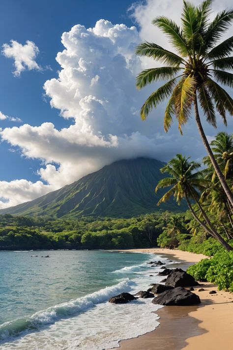 Unveiling Big Island&#8217;s Weather Wonders 🌴 Island Asthetic Picture, Island Aesthetic Tropical, Tropical Island Aesthetic, Tropical Island Landscape, Beach With Mountains, Tropic Island, Mountain Island, Island Mountain, Landscape Island