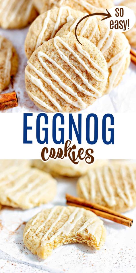 These eggnog cookies are pillowy soft and melt in your mouth. With real eggnog in the dough and icing, and sprinkles with warming spices, you'll watch these cookies disappear quickly and wish you made a double batch. Egg Nog Cookies Recipe, Eggnog Dessert, Cream Cheese Sugar Cookies, Cookie Contest, Christmas Cookie Recipes Holiday, Eggnog Cookies, Shugary Sweets, Christmas Baking Recipes, Chewy Cookies