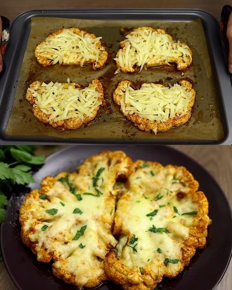 These Cheesy Cauliflower Steaks are a delicious and healthy alternative to traditional roasted vegetables. The hearty cauliflower steaks are seasoned to perfection and topped with a blend of Parmesan and ... Read more Roast Cauliflower Steaks, Roasted Cauliflower Steaks Recipes, Roasted Cauliflower Steaks Oven, How To Roast Cauliflower In The Oven, Roast Cauliflower Oven, Cauliflower Steaks Baked, Cauliflower Steaks Roasted, Cheesy Cauliflower Steaks, Steak In The Oven