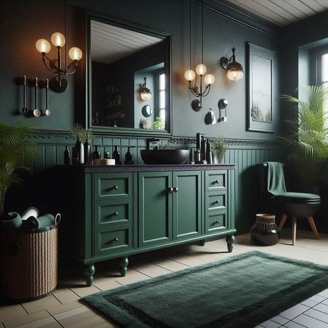 Dark Green Bathroom Dark Green Restroom Ideas, Earthy Green Bathroom Ideas, Green And Dark Wood Bathroom, Antique Green Bathroom, Dark Green Farmhouse Bathroom, Hunter Green Vanity Bathroom, Forest Green And Gold Bathroom, Hunter Green Bathroom Vanity, Dark Green Bathroom With Gold Accents