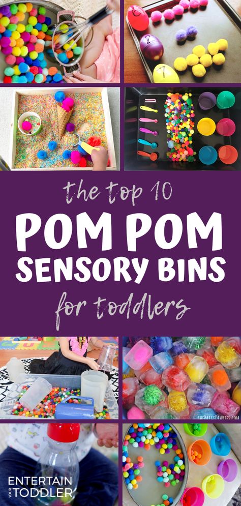 Pom pom sensory bins are engaging ways to play with toddlers, babies, and preschoolers. Here are 10 of my favorites!  #EntertainYourToddler #montessori #montessoriathome #montessorikids #toddler #toddlerplay #indooractivitiesforkids Felt Ball Sensory Bin, Pom Pom Sensory Bin, Cotton Ball Sensory Bin, Playgroup Themes, Easy Sensory Bin, Sensory Projects, Sensory Bins For Toddlers, Sensory Bin Activities, Edible Sensory Play