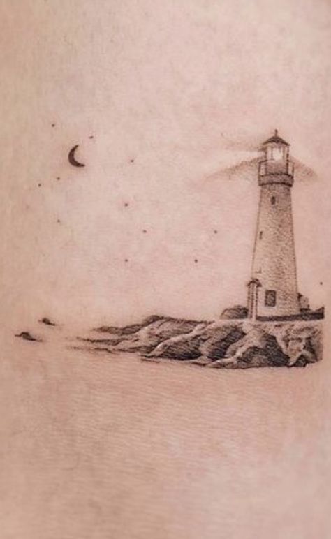 Lighthouse And Moon Tattoo, Lighthouse Hand Tattoo, Lighthouse Ankle Tattoo, Sea Scape Tattoo, Simple Light House Tattoo, Costal Tattoo Ideas, Fineline Lighthouse Tattoo, Stormy Lighthouse Tattoo, Lighthouse And Boat Tattoo