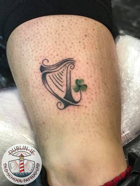 Tattoo Ideas Irish, Irish Harp Tattoo, Irish Flower Tattoo, Dublin Tattoo, Tattoo Irish, Small Celtic Tattoos, Harp Tattoo, Tattoo Collage, Awesome Tattoo Ideas