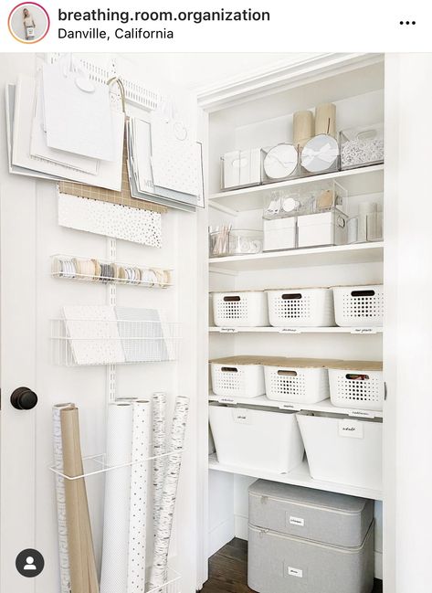 Hall Closet Organization, Small Closet Storage, Gift Wrap Organization, Utility Closet, Closet Organization Ideas, Organized Pantry, House Organization, House Organisation, Linen Closet Organization