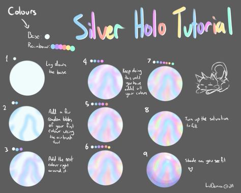 Silver Holo Tutorial by LiilDanica Hologram Tutorial Digital Art, Hologram Drawing Tutorial, How To Draw Hologram Effect, How To Paint Holographic, Holographic Digital Art Tutorial, How To Shade Silver Digitally, Holographic Clothes Drawing Tutorial, How To Paint Silver Digital, How To Color Holographic Digital