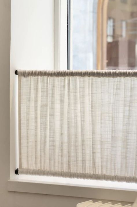 window treatments, curtain, cafe curtain, linen curtain, home accents, home decor Cafe Curtain On Door, Cafe Curtains Big Window, Restaurant Curtains Ideas, Modern Cafe Curtain, Half Curtain Ideas, Cafe Curtains Bay Window, Curtain In Kitchen, Half Window Treatments, Make Curtains Longer