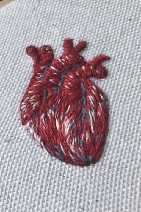 Couture, Anatomical Heart Embroidery Pattern, Embroidered Heart Anatomical, Anatomic Heart Embroidery, Embroidery Gothic Design, Dark Embroidery Ideas, Embroidery Heart Anatomical, Emo Embroidery Ideas, Jean Embroidery Grunge