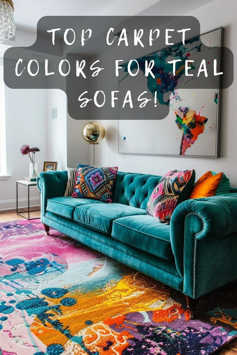 Curious about the perfect carpet to match your teal sofa? Click to see which colors create the most stunning look! 🛋️🎨 #HomeDecor #TealSofa #CarpetColors #InteriorDesign #LivingRoomStyle Teal Sofa Bed, Light Blue Sofa Living Room Ideas Color Palettes, Colourful Carpet Living Room, Living Room Teal Couch, Colors That Go With Turquoise, Turquoise Sofa Living Room Decor, Teal Sofa Living Room Color Palettes, Turquoise Couch Living Room Ideas, Teal Sofa Living Room Decor