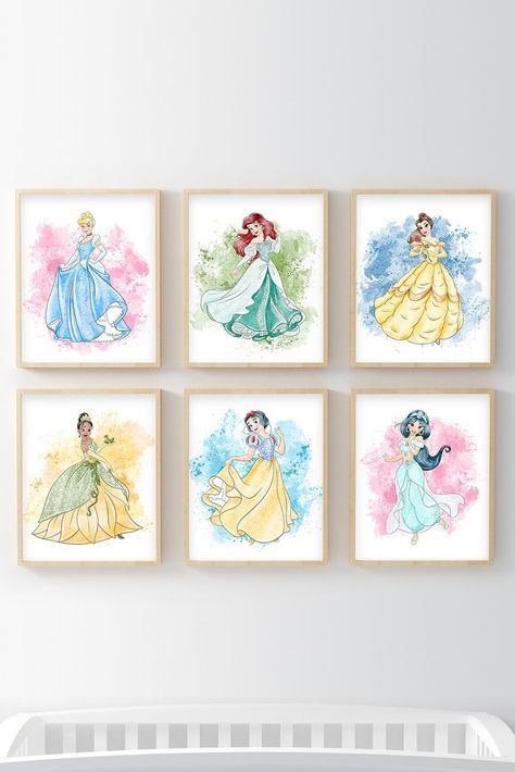 Disney Princess Girls Room Wall Art Princess Room Wall Decor, Disney Princesses Bedroom Ideas, Princess Wall Art Girls Bedroom, Disney Princess Theme Bedroom, Toddler Disney Bedroom Girl, Disney Girls Room Kid Bedrooms, Disney Bedroom Girl, Baby Girl Nursery Disney Princess, Disney Princess Framed Art