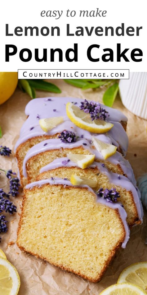 This super moist and easy lemon lavender cake recipe is bursting with warm lavender and zesty lemon flavors and drizzled with a gorgeous lavender glaze. It combines plenty of bright citrus flavor with floral lavender notes, all baked into a moist, buttery pound cake. The texture is rich and dense, but also tender and moist. I used lemon slices and fresh lavender flowers as decoration. It’s the perfect summer treat for breakfast, teatime, dessert, or a birthday! | CountryHillCottage.com Lavender Pound Cake, Lavender Cake Recipe, Lemon Lavender Cake, Lemon Lavender Cookies, Buttery Pound Cake, Lavender Dessert, Lavender Glaze, Cottagecore Recipes, Lavender Cookies