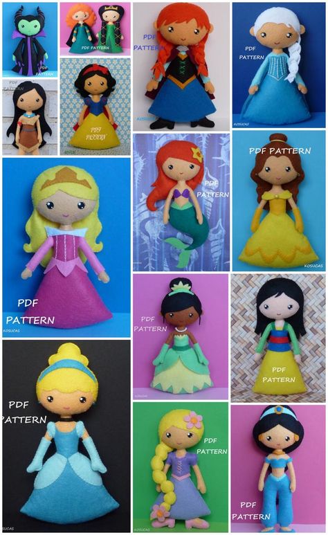 All the Disney Princess felt doll sewing patterns you'll ever need! Cinderella, Snow White, Elsa and Anna, Mulan, Pocahontas, Tiana, Belle, Sleeping Beauty, Rapunzel, Jasmine and Merida. Just too gorgeous! Princess Quiet Book, Felt Doll Patterns, Baby Mobil, Elsa And Anna, Doll Sewing, Doll Sewing Patterns, Felt Patterns, Princess Dolls, Disney Diy