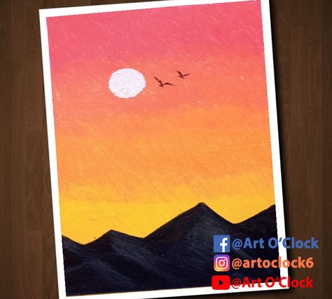 simple and easy oil pastel Sunset drawing for beginners. *for more click on link. Easy Drawings With Painting Colours, Easy To Draw Sunset, Crayon Simple Drawing, Drawing With Crayons Oil Pastels, Easy Paintings Ideas For Beginners, Drawing Ideas Easy Oil Pastels, Drawing Sunset Easy, Drawing With Painting Colours, Easy Soft Pastels Drawing For Beginners