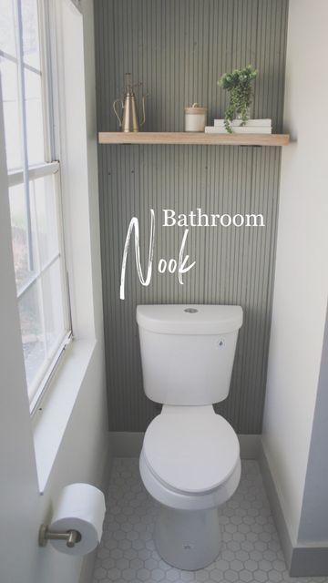 Kelsey Gibby on Instagram: "Such a quick and easy way to add a big impact to a small space. Love this little accent wall for behind a bathroom toilet and the best part is this only took about an hour to complete! Not to mention it was super affordable! Comment “materials” below to get list of all the supplies I used for this accent wall." Tiled Powder Room Wall, Toilet Closet Decor, Nook Accent Wall, Half Bath Accent Wall, Bathroom Nook, Powder Room Accent Wall, Toilet Rooms, Wallpaper Accent Wall Bathroom, Small Half Bathroom