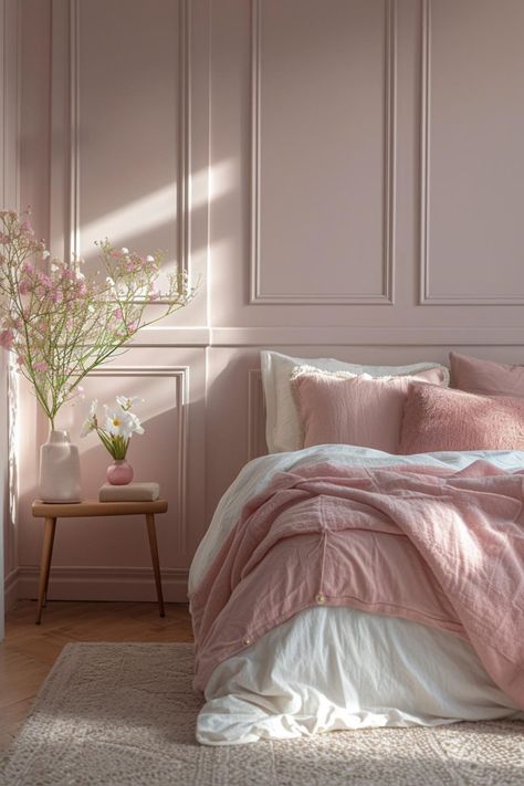 30+ Wainscoting Ideas That Blend Modern Style and Classic Flair Pink And White Walls Bedroom, Pink Panel Wall Bedroom, Classic Bedroom Colors, Small Room Wall Ideas, Pastel Colored Bedroom, Pink Monochromatic Room, Wooden Panels Bedroom, Subtle Pink Decor, Bedroom With Molding On Walls